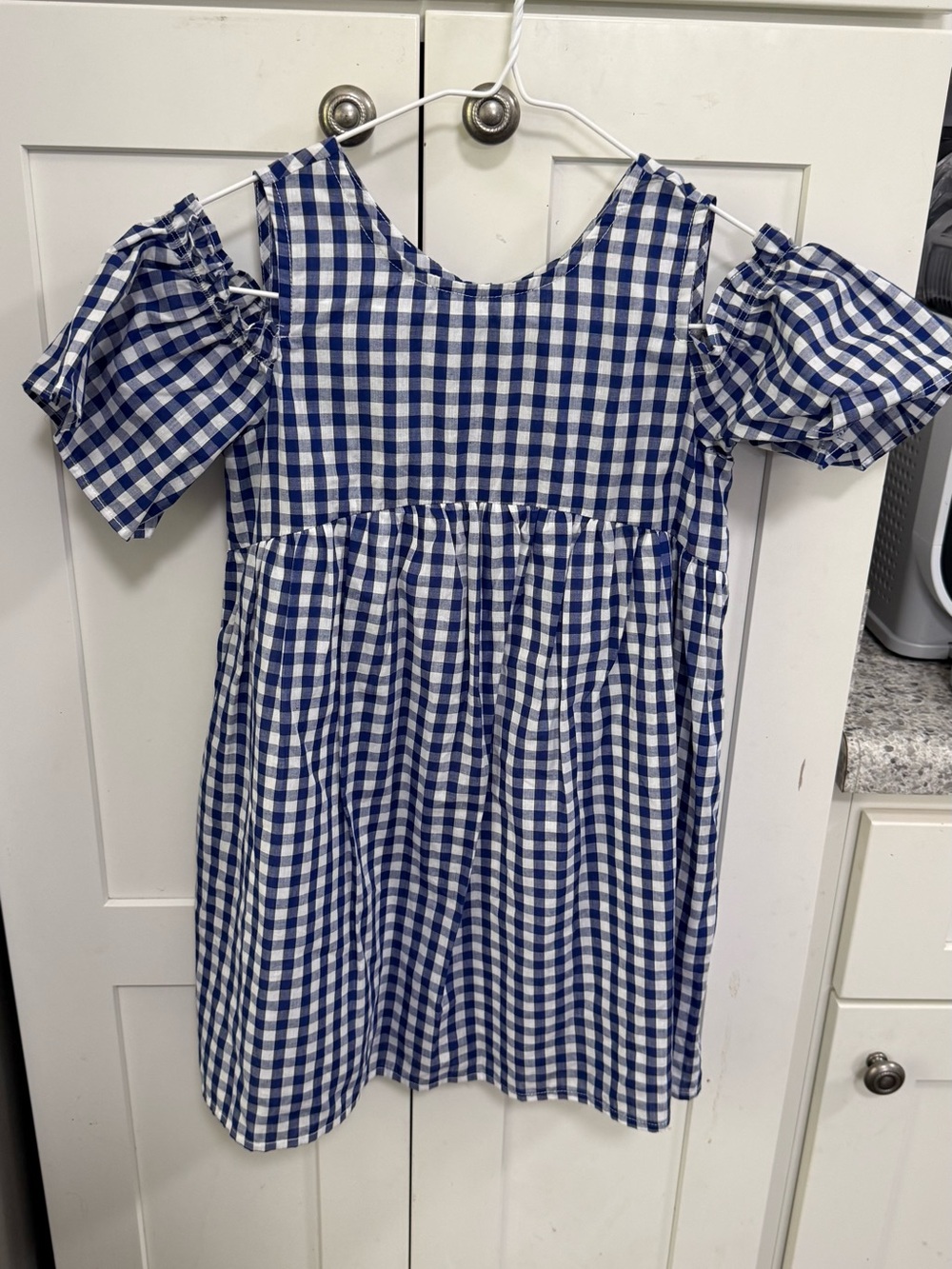 Girls' Blue & White Gingham Cold-Shoulder Dress